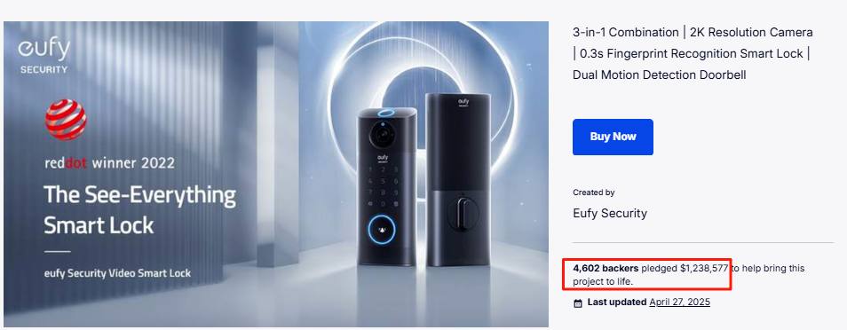 硬件出海/海外众筹-安克旗下的智能门锁拿下123万美刀