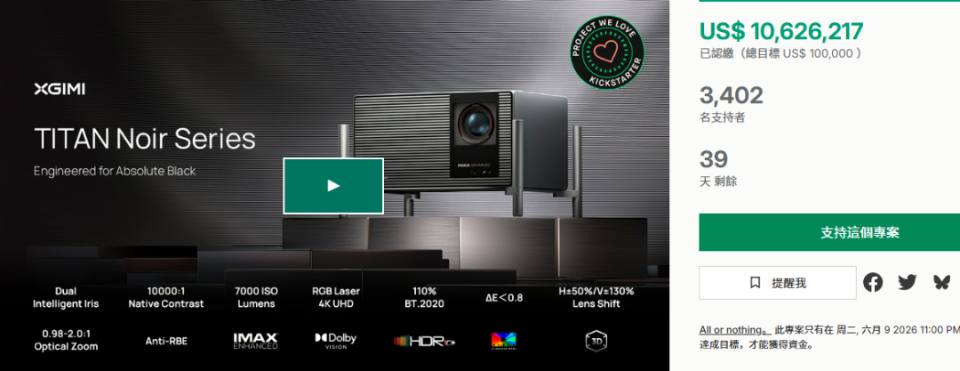 硬件出海/海外众筹新品速递-三色激光投影上线一周，投影一哥极米拿下1000万美金！